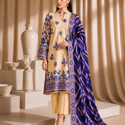 Beige & Royal Blue Printed 3 Piece Women's Suit